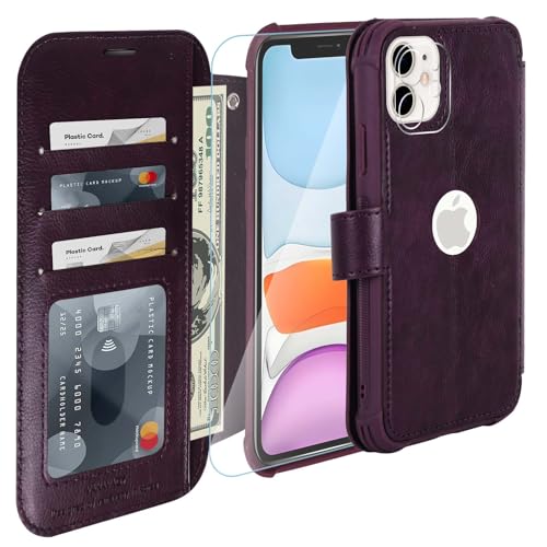 VANAVAGY Wallet Case for iPhone 11 6.1 inch, Purple | 12ft Drop-proof Cover for Women Men, Silm PU Leather, RFID Blocking Card Holder, Wrist Strap, Screen Protector - color: Purple