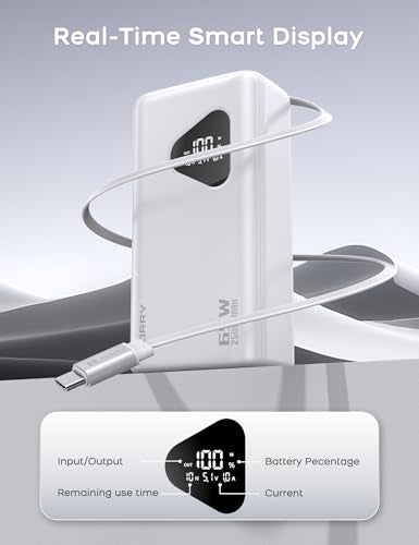 RORRY Laptop Power Bank, 25000mAh 65W Portable Charger Retractable Cables - color: White
