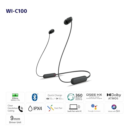 Sony WI-C100 Wireless in-Ear Bluetooth Headphones with Built-in Microphone,Black,(Pack of 2) - color: Black, size: One Size (Pack of 2)