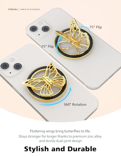 Doflyesky 2025 Upgrade Magnetic Phone Grip Compatible with MagSafe, Butterfly Phone Grip Holder Finger Kickstand for MagSafe, Adapter Ring for Included (Gold Purple)