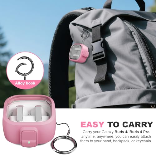 for Samsung Galaxy Buds 4/Buds 4 Pro Case (2026) with Secure Safety Lock Clip,Shockproof Scratch-Resistant TPU Transparent Soft Shell Protective Cover Accessories with Carabiner/Cleaning Kit(Pink) - color: Pink