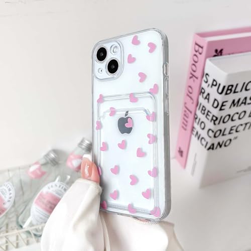 NITITOP Compatible with iPhone 14 Case Clear with Card Holder Cute Pink Love Heart Pattern Design Design Soft TPU Shock-Absorbing Wallet Case Protective Cover - Pink - color: Pink, size: iPhone 14