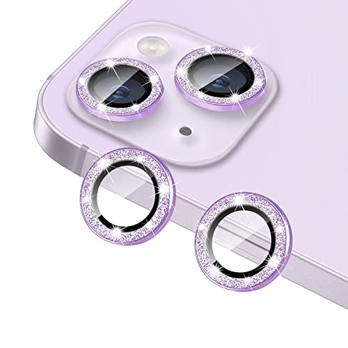 Compatible with iPhone 14 & 14 Plus Camera Lens Protector, Bling Glitter Diamond Lens Cover 9H Tempered Glass Camera Cover Anti Scratch Shockproof Screen Protector Individual Lens Ring - 2PCS - color: Purple Glitter