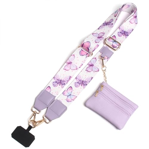 Phone Strap with Zippered Pouch, Clip and Go Strap for Phone with Wallet Crossbody, Adjustable Crossbody Phone Strap-3 - color: Butterfly Purple
