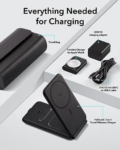ESR for 3 in 1 Magsafe Charger, Travel Charger Stand Made for Apple Watch Certified, Foldable Charging Station Compatible with Magsafe and iPhone 17e/17/16/15/14/13/12, AirPods 4/3/Pro, Black