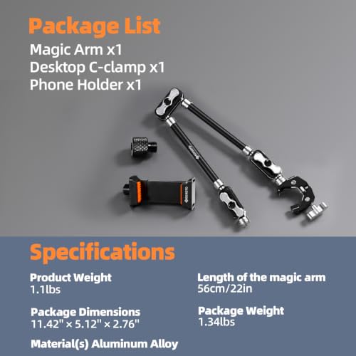 GEEKOTO 22" Magic Arm, Overhead Phone Mount with 360Dual Ball Head, CNC Aluminum Desk Camera Mount for Photography & Content Creation, Camera, Phone Holder,Filming, Action Camera, LED Light, Webcam - style: Desk Clip&Phone Clip
