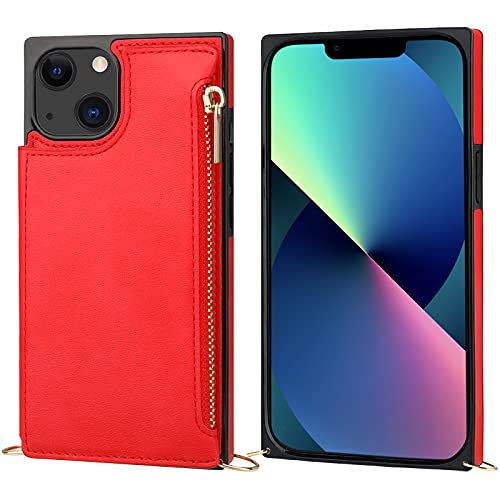 Bocasal Crossbody Wallet Case with Strap for iPhone 13/14, Red | RFID Blocking Card Slot Holder, Magnetic Flip Folio Purse Case, PU Leather Zipper Handbag Detachable Lanyard Strap 6.1 Inch - color: Red