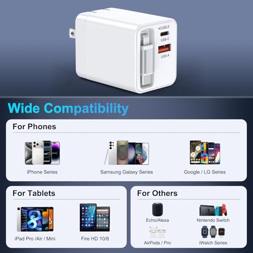 USB C Retractable Wall Charger with Foldable Plug,35W PD&QC Fast Charging Block with 3FT Retractable USB C Cords for iPhone 17 18 Pro Max/17/Air/16/16 Pro/15 Plus/Samsung Galaxy S25/S24/Pixel 10/9/8