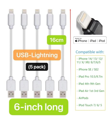 Short USB Cables, 5-Pack, Compatible with iPhone Pro & iPhone 14/13/ 12/11/ X/XR/ 9/8/ 7/6/ 5/SE/SE2, iPad 4th-9th gen/iPad mini 1st-5th/iPad Air 1st-3rd/iPad Pro9.7/10.5 (White, 6-inch) - color: White, size: 6-inch 5-pack