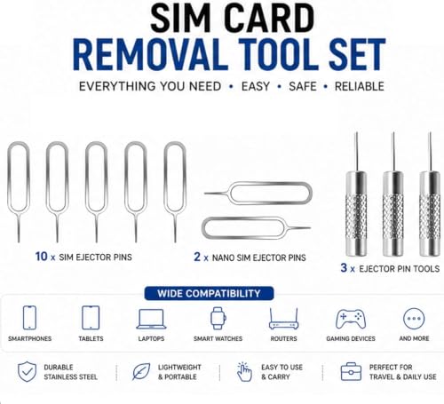 SIM Card Removal Tool Set, Stainless Steel Ejector Pin Kit, 13 Piece, Compatible with iPhone, Samsung, iPad and More
