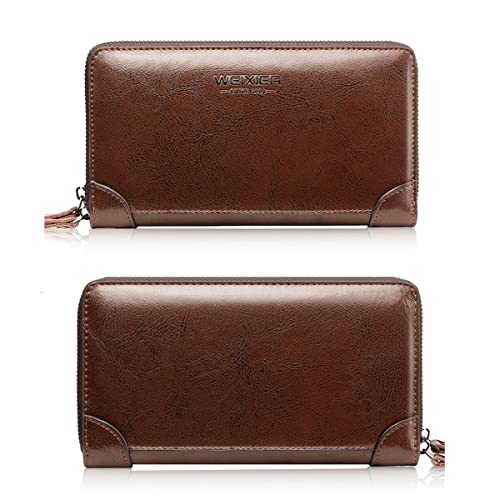 Large Wallet Clutch Long Leather Phone Purse Business Hand Clutch Bag Card Holder Travel Wallet for Men Women Father Husband - color: Double-Brown