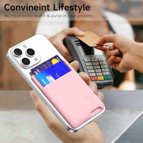 oakxco Phone Wallet Stick On, Secure Phone Card Holder Silicone, Adhesive Pocket Sleeve ID Credit Card, Slim Thin Card Case for Men Women Cute, Compatible with Apple iPhone Samsung Pixel, Pink - color: Pink