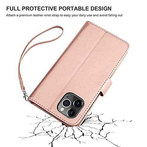 Bocasal Detachable Wallet Case Card Holder for iPhone 12/12 Pro, Rose Gold | Kickstand Card Slots Holder PU Leather Magnetic Shockproof Wrist Strap Removable Flip Protective Cover 6.1 inch - color: Rose Gold