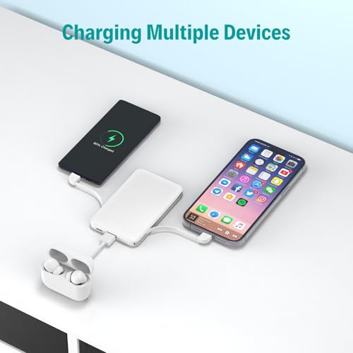 Sethruki Smallest Portable Charger with Built-in Cables 5000mAh,Ultra Slim Power Bank,Mini High Speed External Battery Packs,Lightweight USB C Phone Charger for iPhone Samsung Google Android (White) - color: white