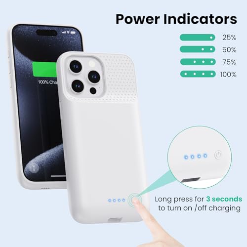 Battery Case for iPhone 15Pro Max, Upgrade 8600mah Portable Slim Battery Charging Case, 15W Fast Charging Rechargeable Protective Extended Charger Cover for iPhone 15 Pro Max (6.7 inch) (White) - color: White