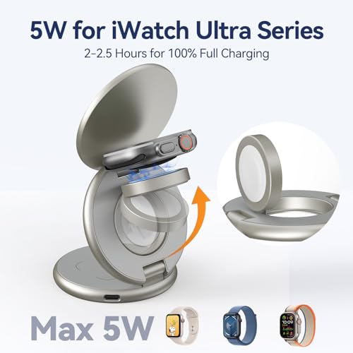 KU XIU X63 Natural Titanium 3 in 1 Charging Station for Apple, Aluminum Alloy Foldable Magnetic Wireless Charger, Travel Stand for iPhone 17/16/15/14/13/12, Apple Watch & AirPod,with 20W Adapter - color: Natural Titanium