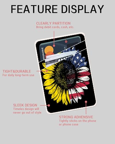Dual Pocket Leather Phone Wallet Adhesive Stick On, Cute Card Holder, Credit Card Holder for Case, Sunflower American Flag - color: Sunflower American Flag