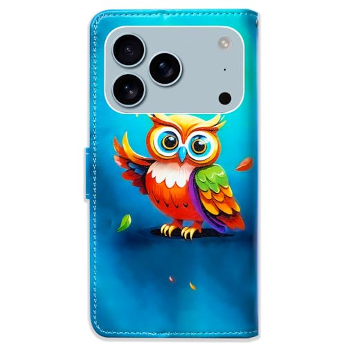 Bcov Case for iPhone 17 Pro,Cute Owl Blue Leather Flip Phone Case Wallet Cover with Card Slot Holder Kickstand for iPhone 17 Pro - color: Cute Owl Blue
