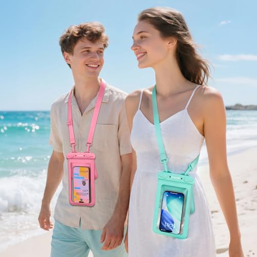 CACOE Waterproof Phone Pouch 2 Pack Up to 8.8", Double Bag, Pink+Green | IPX8 Waterproof Phone Case,Adjustable Lanyard,Dry Bags for Beach/Cruise/Travel/Camping/Kayak/Hiking/Lake/Vacation Essentials - color: Pink+Green