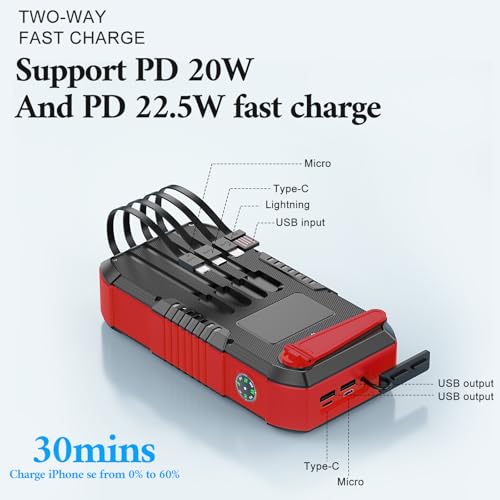 Solar Power Bank 66800mAh Built in Hand Crank for Camping and Hiking - color: red