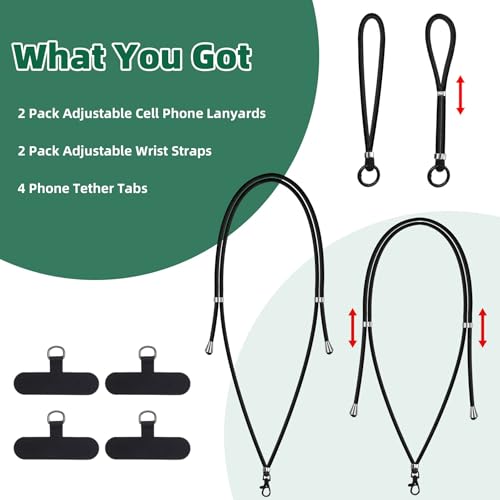 SEVENKA 2 Adjustable Phone Lanyards, Universal Crossbody Neck Straps & 2 Wrist Straps & 4 Phone Tether Tab, Hands-Free, Secure, Stylish Multifunctional Phone Straps for Full Cases - color: Black