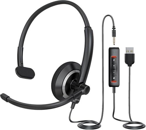 awatrue Single Ear USB Headset with Microphone for PC Lightweight - color: Black, style: Single Ear(USB & 3.5mm)