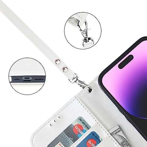 Bocasal Detachable Wallet Case Card Holder for iPhone 14 Pro Max White | RFID Blocking Kickstand Card Slots Holder PU Leather Magnetic Shockproof Wrist Strap Removable Flip Protective Cover 6.7 inch - color: White