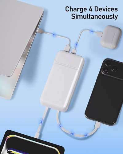 Portable Charger 20000mAh with Built-in Cables for iPhone/Android, 22.5W Fast Charging Power Bank, Lightweight External Battery Pack - color: Gray White