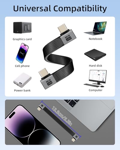 80Gbps Short USB C Flat Cable,Supports 8K@60Hz,PD240W 90 Degree USB C 4 Male to Male Fast Charging Cable Compatible with Thunderbolt 5 for Phones,Tablets,Laptops (0.13M) - style: 0.13M male to male