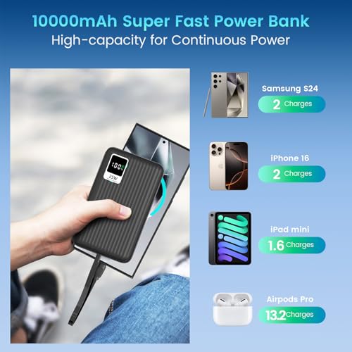 25W Super Fast Charging Portable Charger 10000mAh Power Bank,Built in Cable