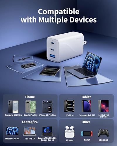 65W GaN Charger,3-Port USB C Charger,Wall Compact Foldable Fast Charger for iPhone 17 Pro Max/17 Pro/17 Air,16 Pro/16e Series, iPad, Samsung Galaxy S26/S25(White) - color: 1White S