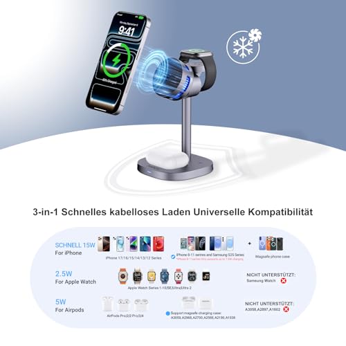 MOGU 3-in-1 Magnetic Wireless Charging Station with Active Cooling, 15W Fast Charger Stand Compatible with Mag-Safe Smartphone for iPhone 17–12 Series, Apple Watch & AirPods, Includes 45W Adapter