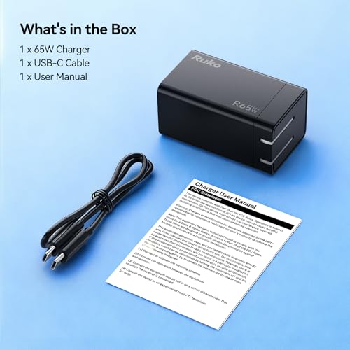 Ruko 65W Type C Charger with Cable, GaN Fast Charger Block - size: Charger + Cable