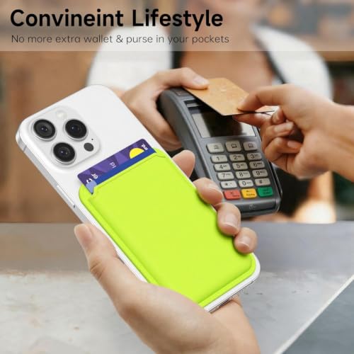 oakxco Magnetic Phone Wallet Stick On, Secure Phone Card Holder Silicone Compatible with Magsafe, Adhesive Pocket Sleeve ID Credit Card, Slim Thin Card Case, Compatible with iPhone Samsung, Neon Green - color: Neon Green