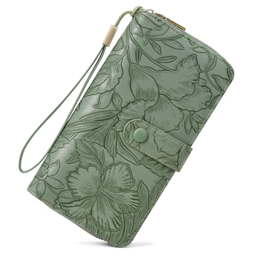 SENDEFN Women's Credit Card Holder RFID Blocking Zip Around Leather Wallet Large Capacity Long Purse with Wristlet - color: Green