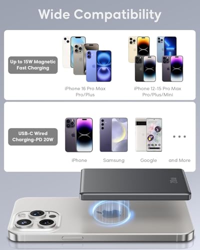 PowerBank Fast Charging 5000mah | 0.38in Ultra Slim 119g, Strong Magnetic Snap, 20W USB C Charging & 15W Wireless MagSafe, Travel & Daily Use for iPhone 12-17