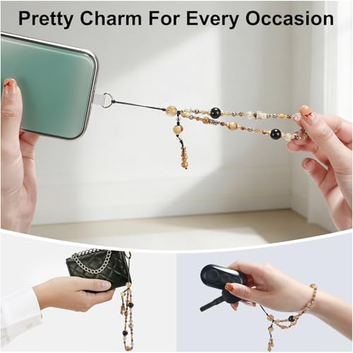 TEAMOLA Natural Stone Phone Charm - Crystal Phone Beaded Wrist Strap - color: Yellow & Black & Gold