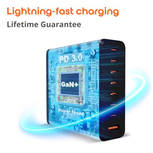 Upgraded 240W 8 Ports GaN Charger with Travel Case, USB C Charging Hub, Multi USB C Charger Station for MacBook Pro/Air/iPad Pro/iPhone/Samsung Galaxy Note - style: With Pouch