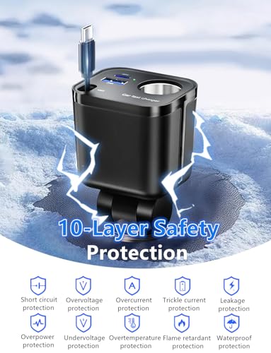 4 in 1 Retractable Car Charger, 145W USB C Cigarette Lighter Adapter