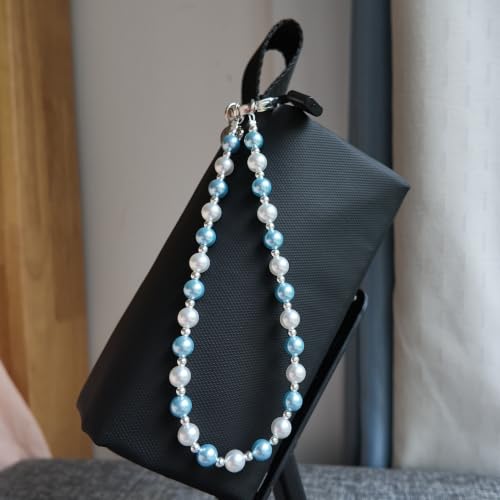 Beaded Pearl Phone Charm Wrist Strap, Camera AirPods Bags Charms(Blue) - color: Blue