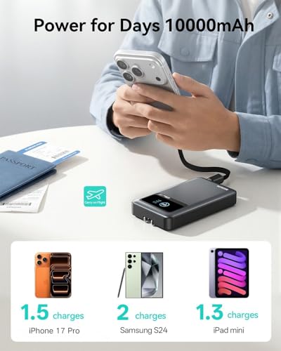 MOKiN 3-in-1 Power Bank,10000mAh 40W Portable Charger with Foldable Plug,Built-in USB-C Cable & LCD Display,Travel Essential Phone Fast Charging Battery Pack,for iPhone 17/16,Samsung etc - color: Grey