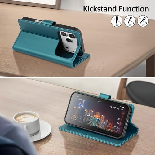 Shieldtop Compatible with MagSafe iPhone 17 Pro Wallet Case,Blue Green | 2 in 1 Detachable Magnetic,Credit Card Holder Slots,RFID Blocking,PU Leather,Kickstand,Flip Folio Phone Cover for Men & Women - color: Blue Green, size: iPhone 17 Pro - 6.3"