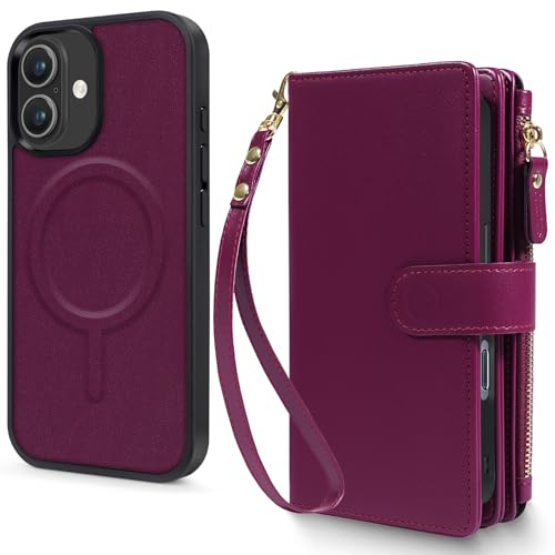 Magnetic Case for iPhone 17 Wallet Compatible with Magsafe RFID Blocking Card Holder Detachable Phone Cover Kickstand Snap Strap Zipper Pocket PU Leather 6.3 inch (Burgundy) - color: Burgundy, size: iPhone 17