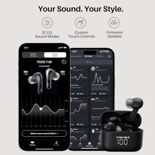 TOZO T20 Wireless Earbuds 97H Playtime, Wireless Charging LED Display Case - color: Black
