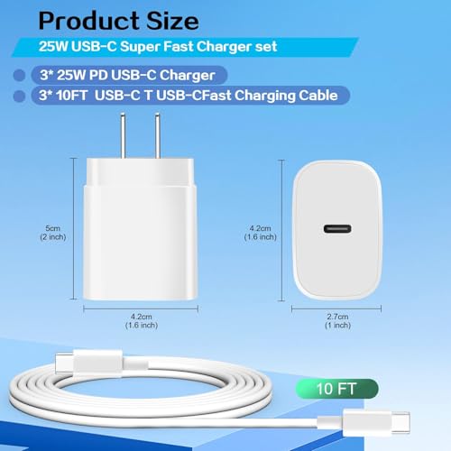 Samsung Super Fast Charger,Samsung Charger Fast Charging Block,3Pack 25WSamsung USB C Wall Charger,10FT Quick USB C Cable for SamsungGalaxy S26 Ultra/S26/S25+/S24/S23/S22/S21/Z Fold 8/7/6,Z Flip 8/7/6 - color: White, size: 10FT 3Pack