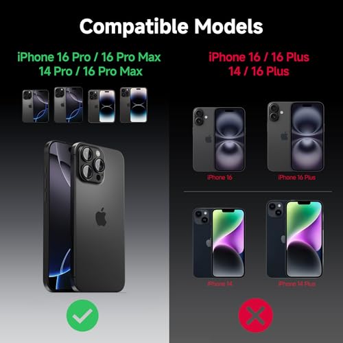 CACOE Metal Camera Lens Protector for iPhone 16Pro/16ProMax/14Pro/14ProMax - color: Dark Black