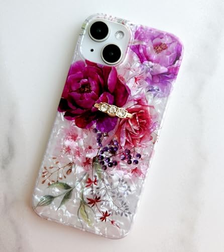 Qokey for iPhone 13/14 Case 6.1 inch,Flower Design Cute Clear for Women Girls with 360 Degree Rotating Ring Kickstand Soft TPU Shockproof Cover Purple Red - color: Fuchsia