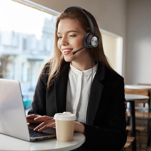 MAIRDI USB Headset with Microphpne, Wired PC Headset with Mic Noise Canceling & Mute for Computer Laptop Teams Zoom Office Work Call Center Business Softphone - color: Red