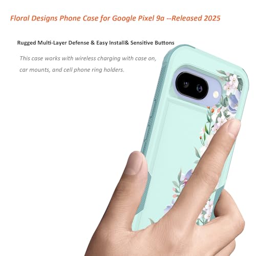 for Google Pixel 9a Case 2025: (Mint Green/Magnolia) | Cute Flowers Floral Design, for Girls Women, Slim Soft TPU Bumper, Shockproof Silicone Cell Phone Cover - color: Mint Green/Magnolia