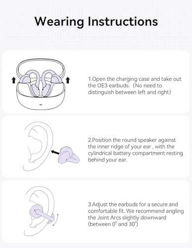 JOYROOM OE3 Clip-On Earbuds, Wireless Open Ear Earbuds Headphones, Auto L-R Recognition, Omni Tap Control, Immersive Sound, Ultra-Light 4.9g Fit,Comfortable ear buds for Workouts and Daily Use, Purple